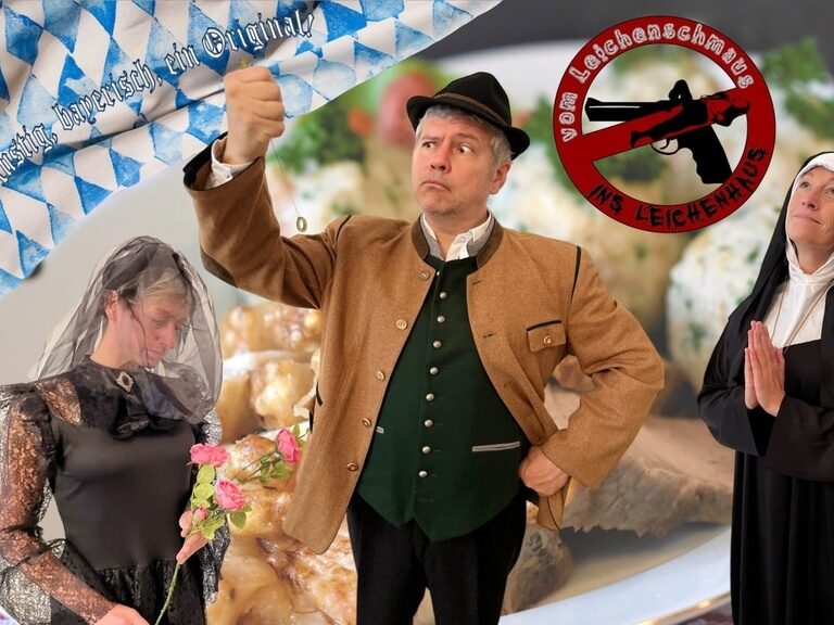 Drei Personen posieren auf einem Poster gegen Waffen am Gäubodenfest.