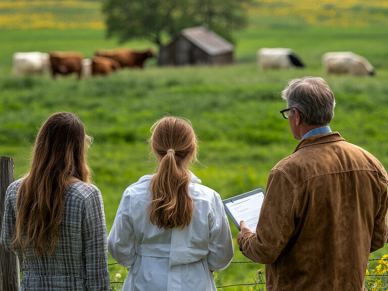 Rückenansicht von drei Personen auf einer Weide mit Rindern, Wiesenlandschaft und Bauernhof