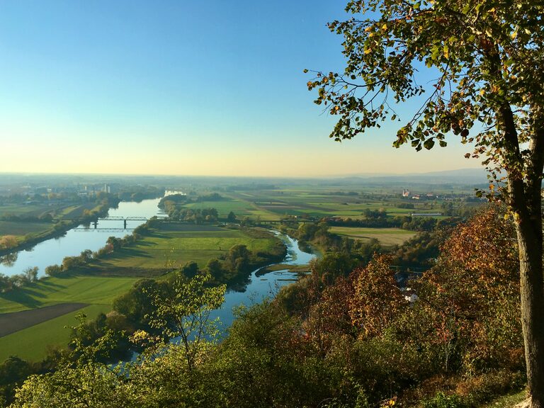 Panoramablick über eine Flusslandschaft mit Feldern, Wiesen und herbstlichen Bäumen unter blauem Himmel
