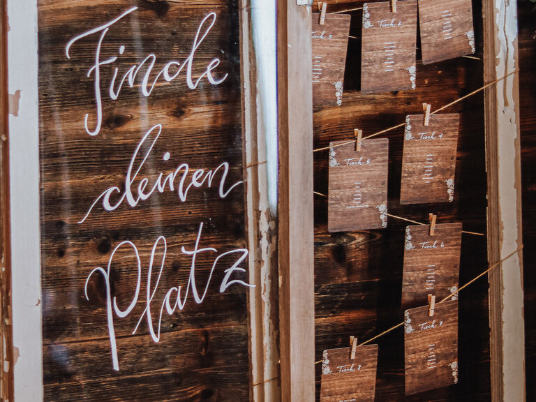 Auf einem dekorativen Fensterrahmen steht in geschwungenen Buchstaben "Finde deinen Platz".
