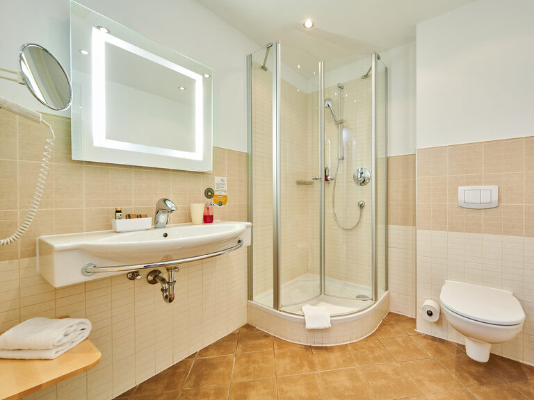 Ein schlichtes Badezimmer im Economy-Zimmer zeigt ein WC, Waschbecken und Spiegel.