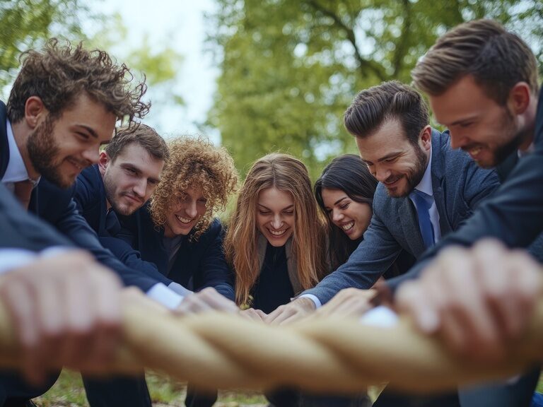 Eine Gruppe lachender Menschen im Anzug beim fröhlichen Kräftemessen im Genusshotel Wenisch.